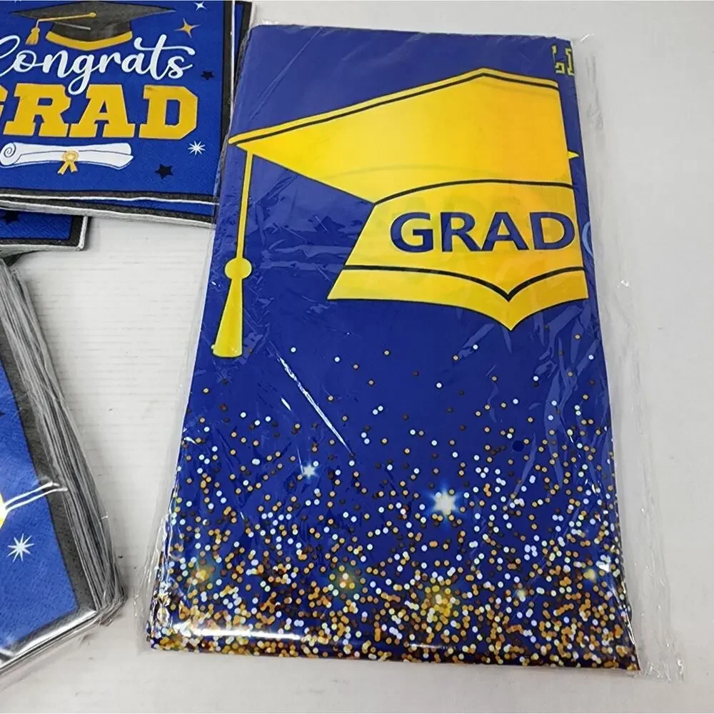 New Graduation Napkins & Large Platic Tablecloth 100 Napkins Blue Gold‎ White
